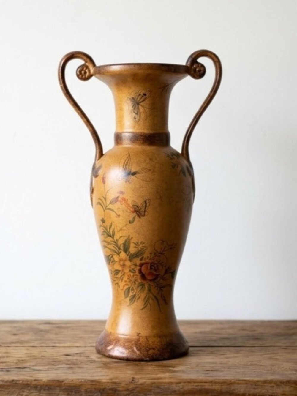 Vintage Antique Style Ceramic Urn Vase Double Scroll Handle Floral Butterfly 16"